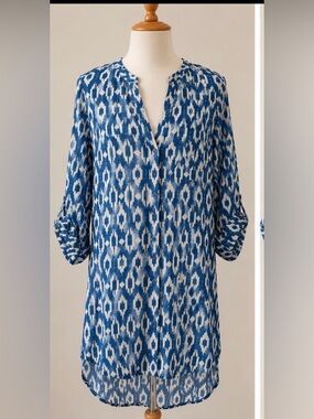 Maeve Anthropologie Sheer Blue White Ikat Tunic Blouse XS